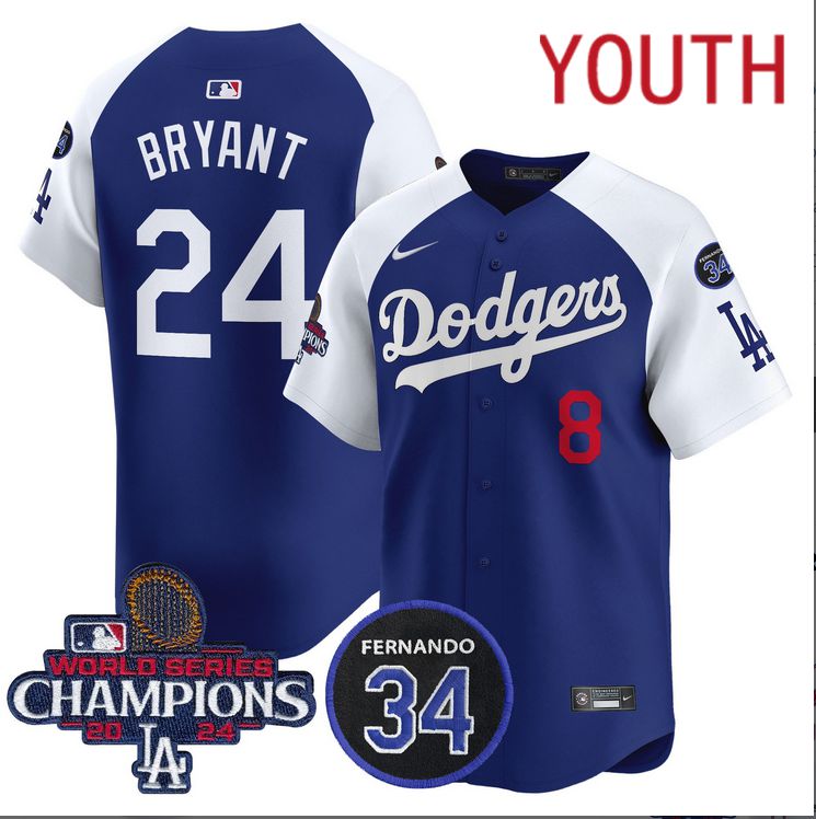 Youth MLB Los Angeles Dodgers 24 Bryant blue 2024 World Series Champions Patch Limited Jersey
